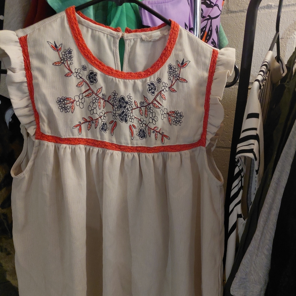 Cream Embroidered Sleeveless Peasant Top with Coral Trim